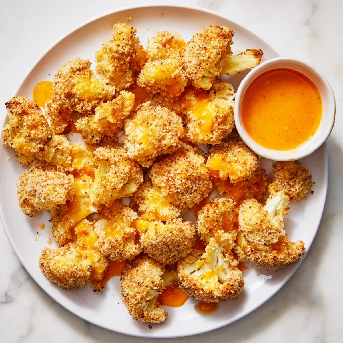 Close-up of perfectly crisp Air-Fryer Buffalo Cauliflower Bites, coated in zesty buffalo sauce.