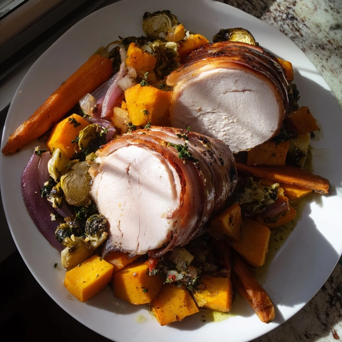 Hearty Sheet Pan Sausage and Autumn Veggie Medley, a colorful, roasted one-pan meal, ready to serve.