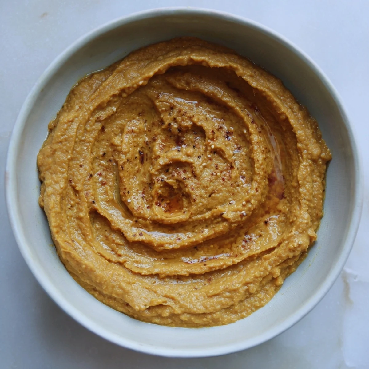 Thick, creamy roasted pumpkin soup, garnished with crunchy toasted seeds, a perfect vegetarian meal.