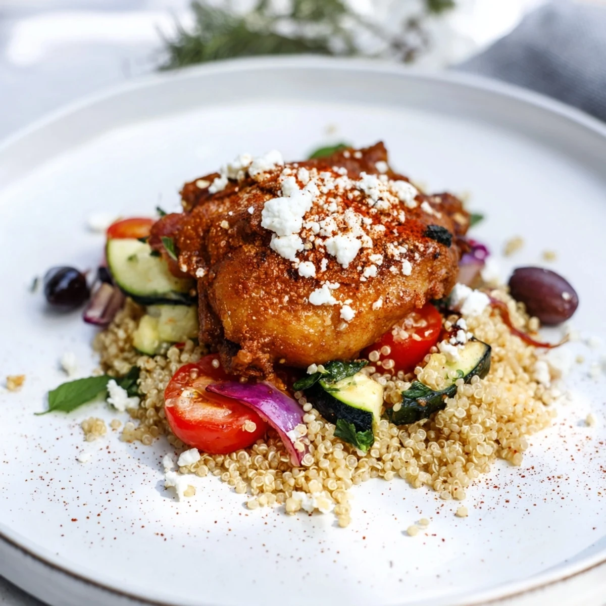Mediterranean Grain Bowl with Roasted Chickpeas layered with vibrant vegetables and creamy feta.
