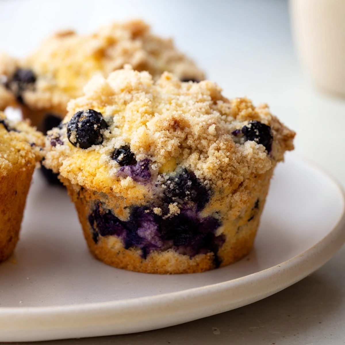 Golden-topped fluffy homemade blueberry muffins with streusel, ready to enjoy with morning coffee.
