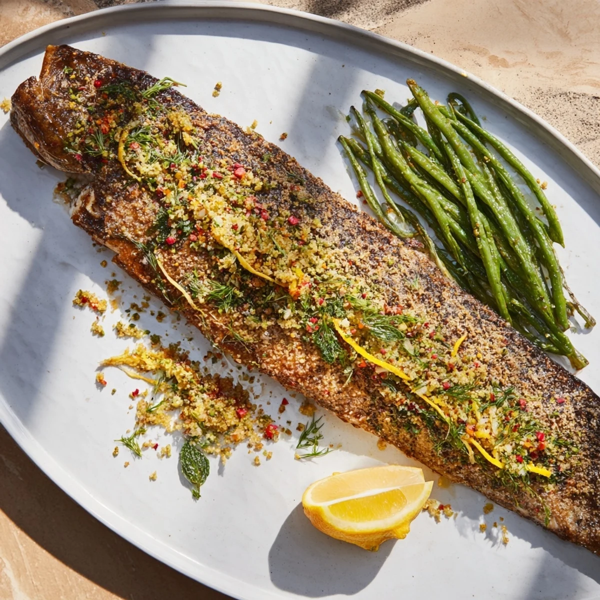 Golden brown Sheet Pan Lemon Herb Tilapia resting next to tender green beans, ready for a delicious dinner.