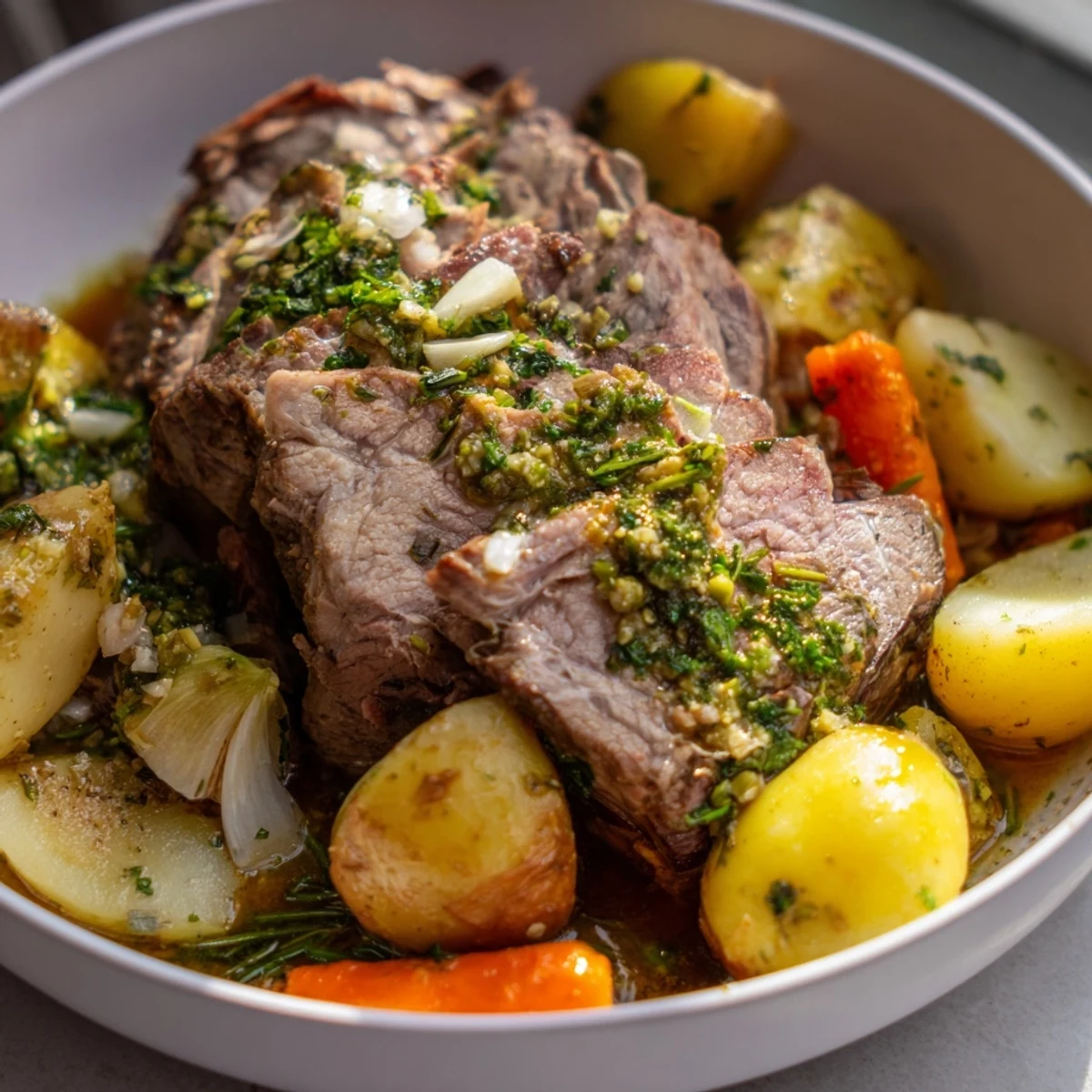 Fork-tender Slow-Roasted Beef Pot Roast, surrounded by colorful root vegetables in savory gravy.