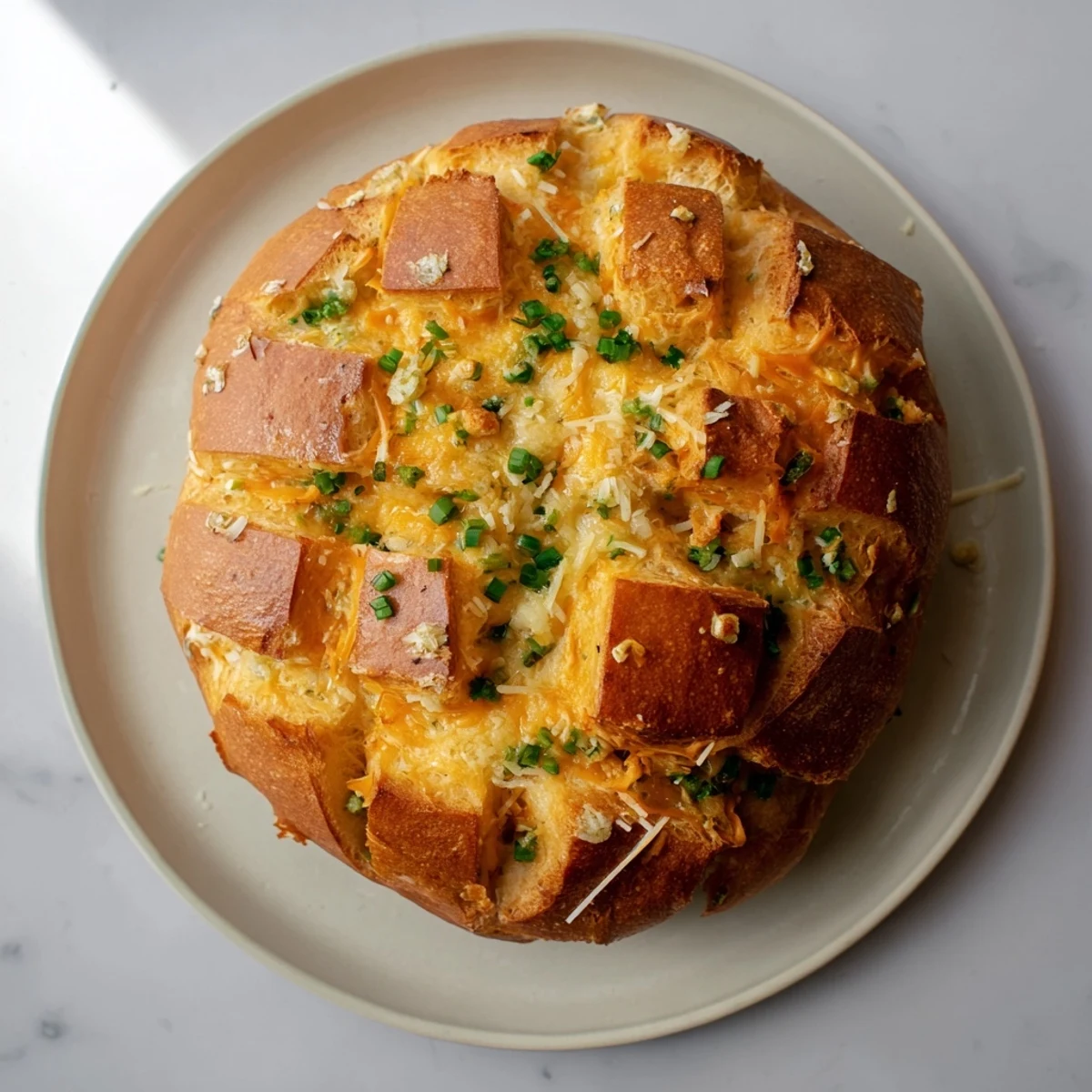 Golden-brown Cheesy Garlic Pull-Apart Bread, glistening with melted cheese, ready to be pulled apart.