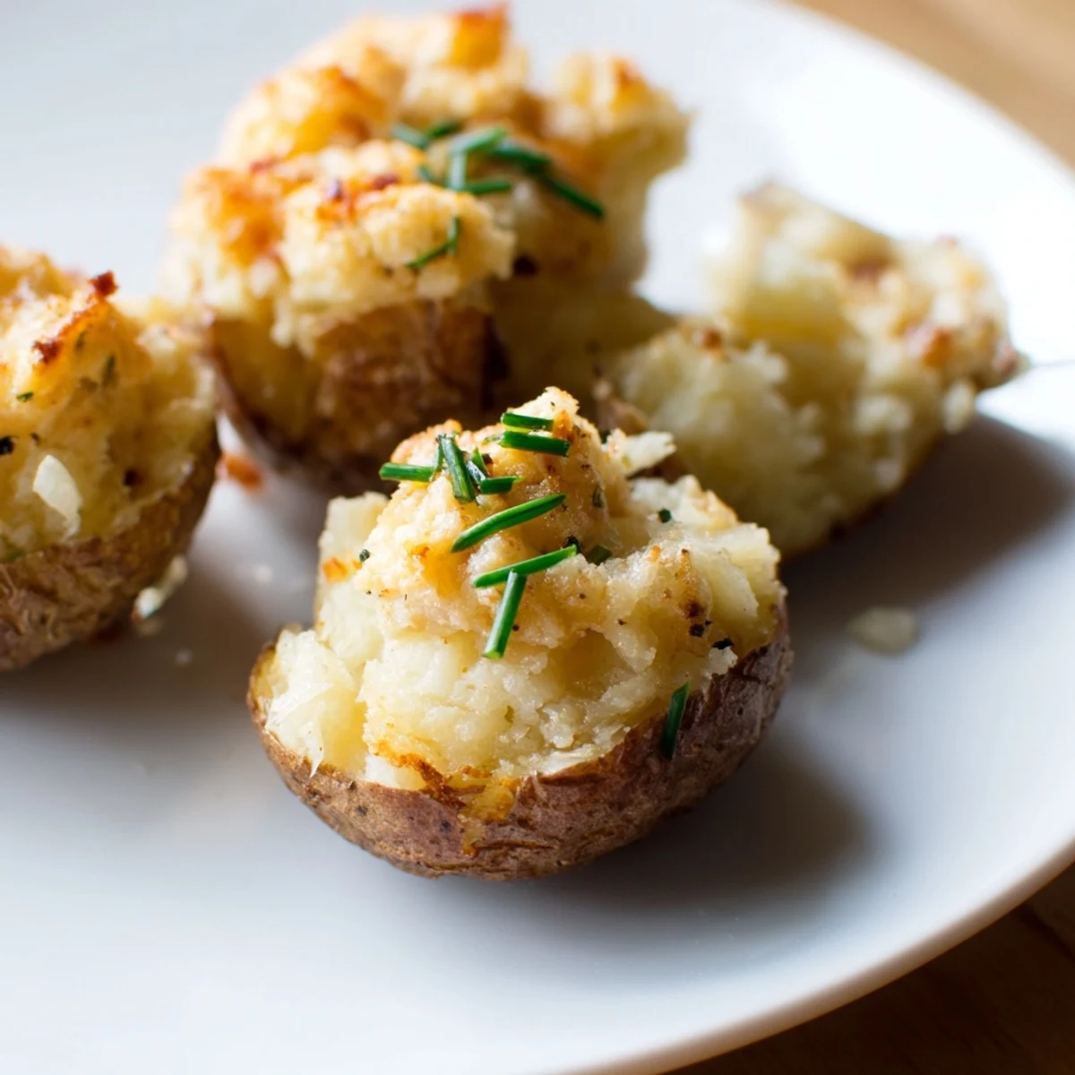 Close-up of savory Loaded Sweet Potato Skins with melted cheese, bacon crumbles, and green chives.