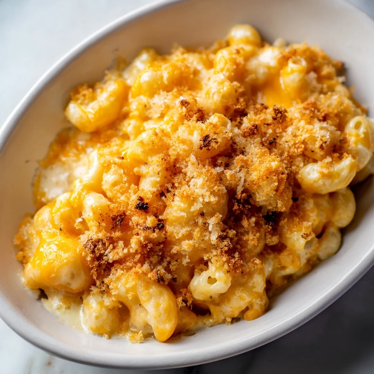 Golden browned crust of classic oven-baked macaroni and cheese, ready for a comforting bite.