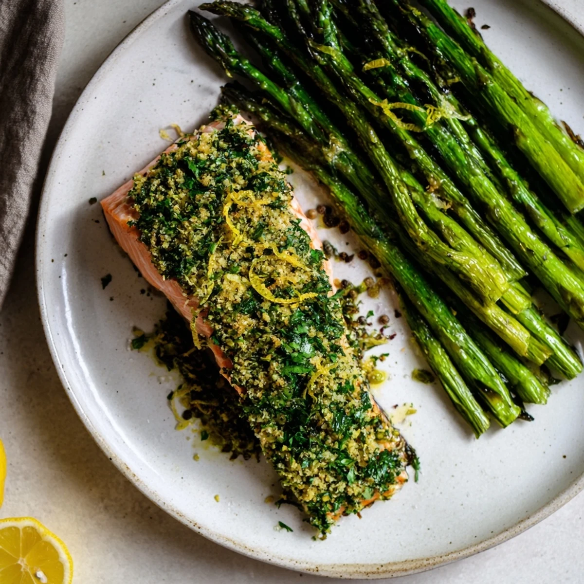 Flavorful Easy Herb-Crusted Salmon with asparagus, golden-brown and ready for a delicious, healthy dinner.