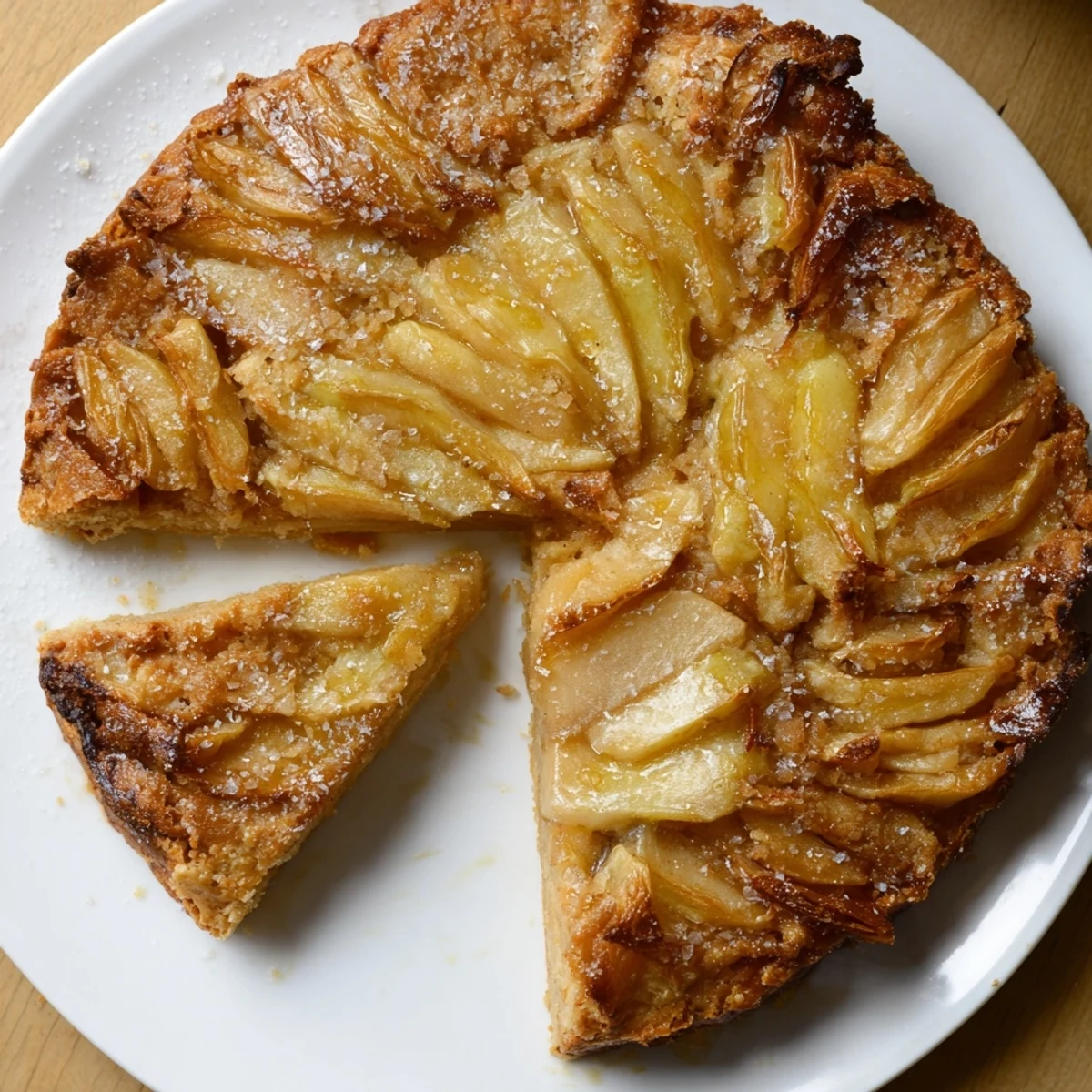 A warm slice of rustic pear and ginger galette, showcasing flaky pastry and juicy baked pears.