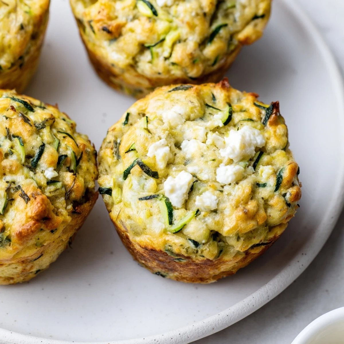 Golden-brown Savory Zucchini and Feta Muffins, fresh from the oven, ready to enjoy as a snack.