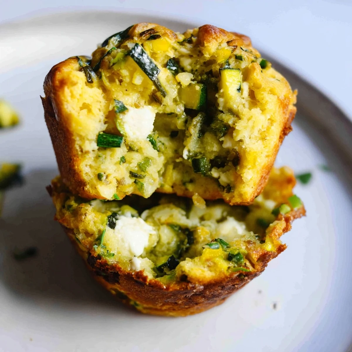A close-up of fluffy Savory Zucchini and Feta Muffins, showing their tender, cheese-filled interior.