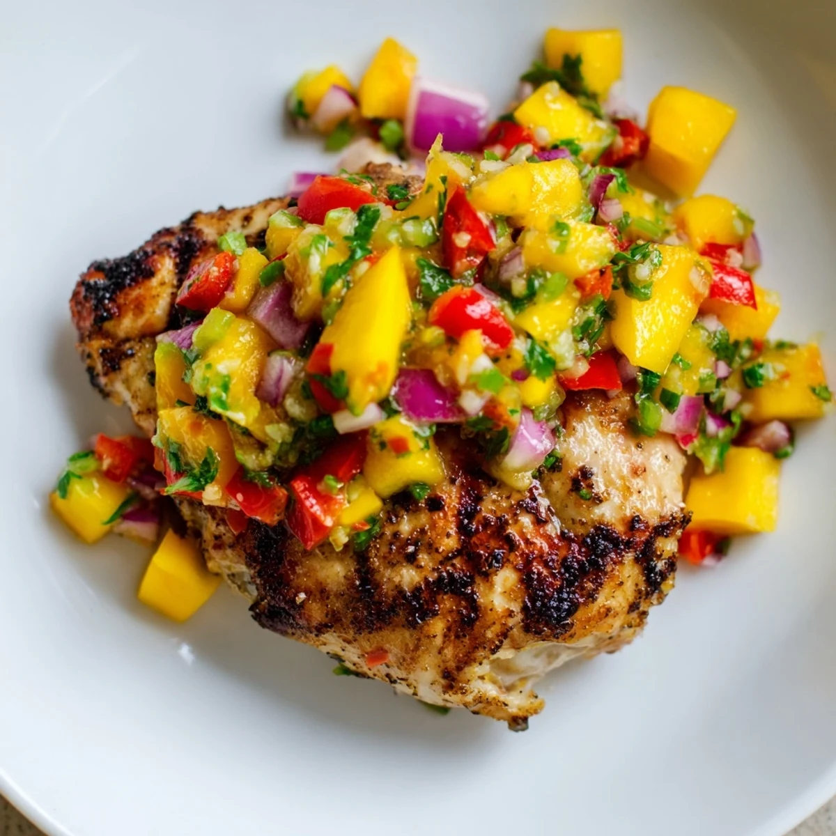 Grilled Mango Salsa Chicken with bright, colorful salsa spooned over perfectly grilled chicken breasts.
