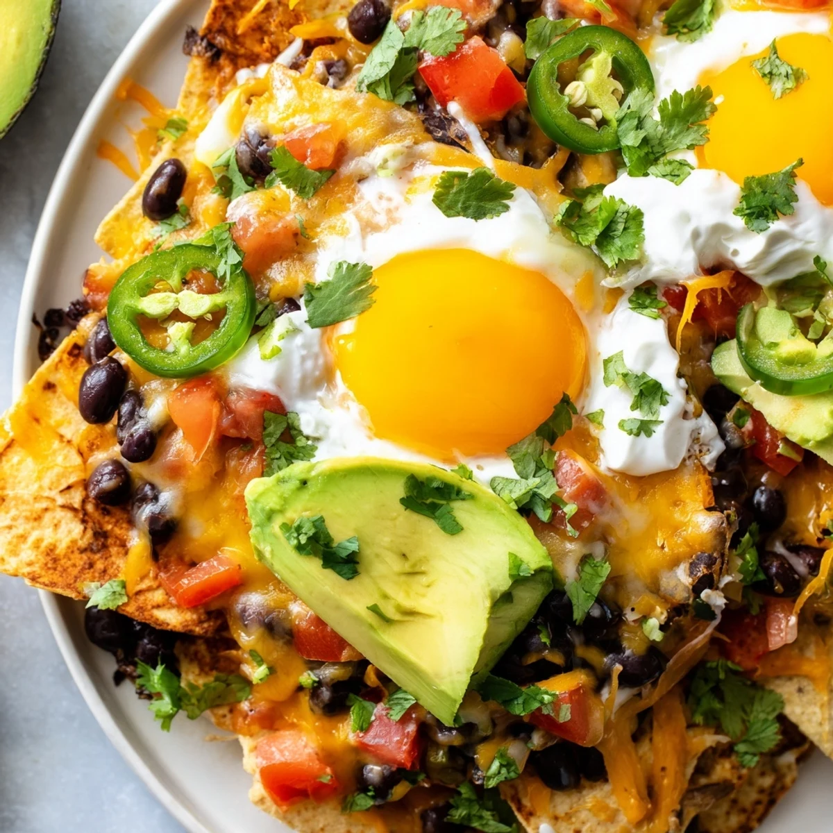 A delicious plate of Egg-Topped Breakfast Nachos, a Tex-Mex delight with melted cheese and fresh toppings.