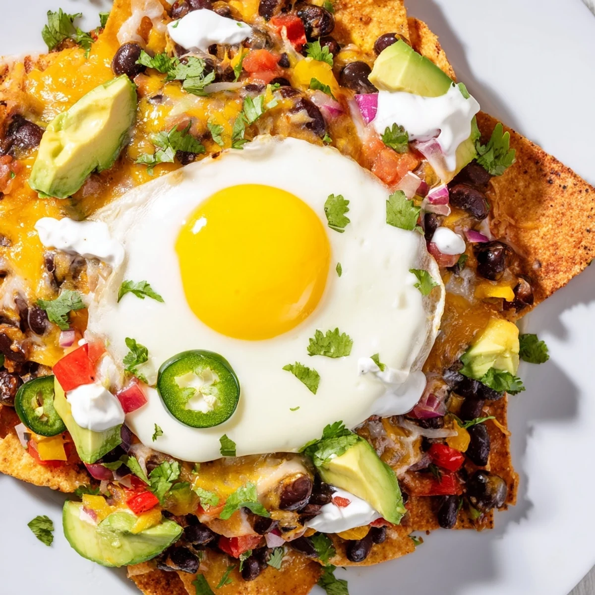 Golden, bubbly Egg-Topped Breakfast Nachos with sunny-side-up eggs, cilantro, and creamy avocado, ready to eat.