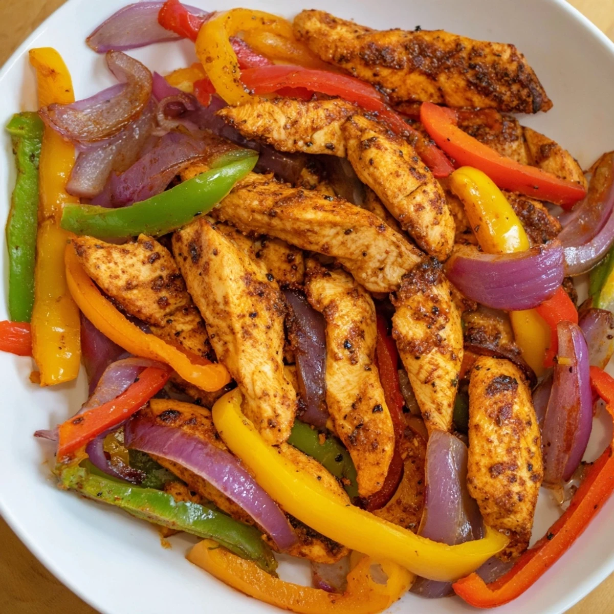 Sheet-pan chicken fajitas with sizzling peppers and onions, ready to be wrapped in a warm tortilla.