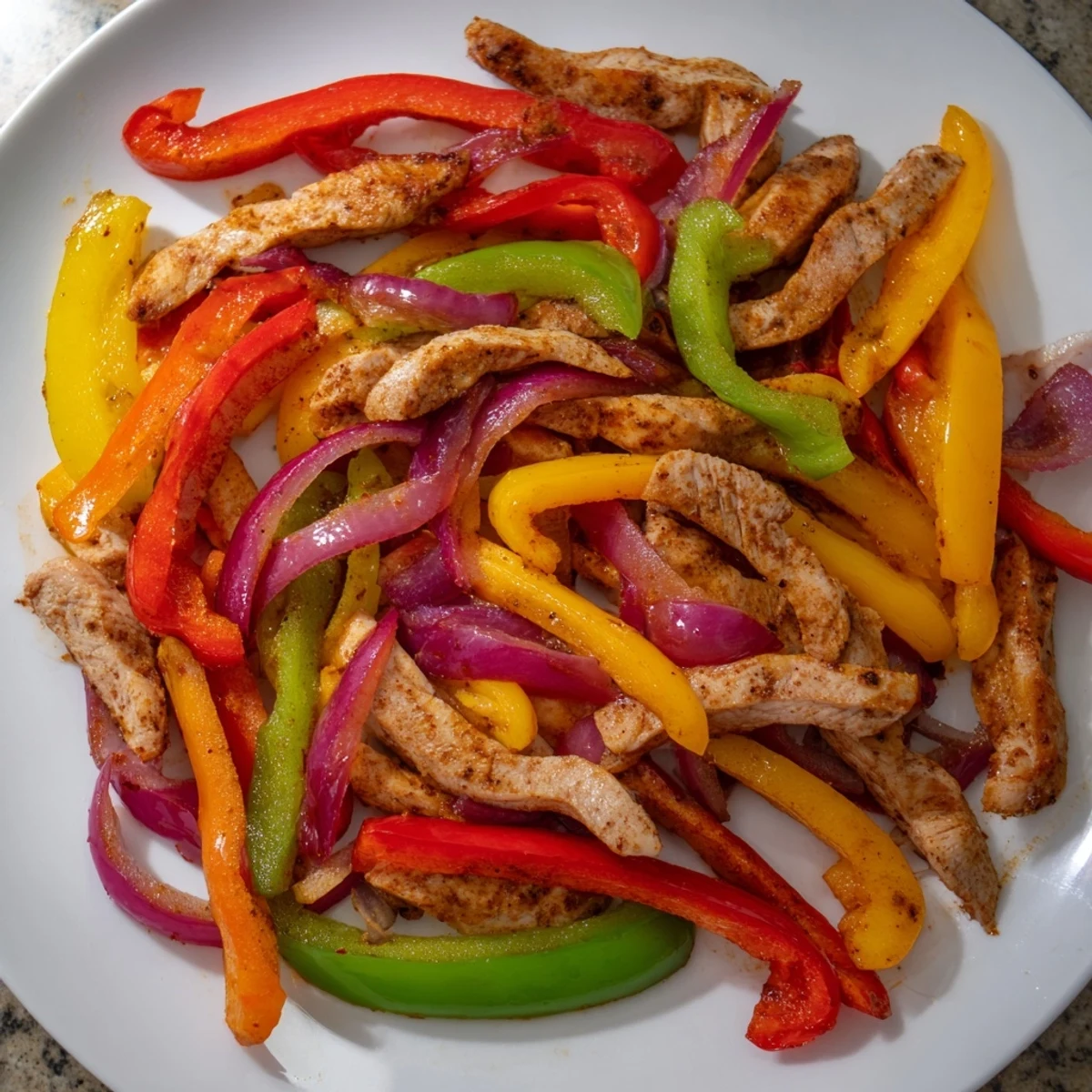 Vibrant image of sheet-pan chicken fajitas: juicy chicken and colorful vegetables ready to be piled in a wrap.