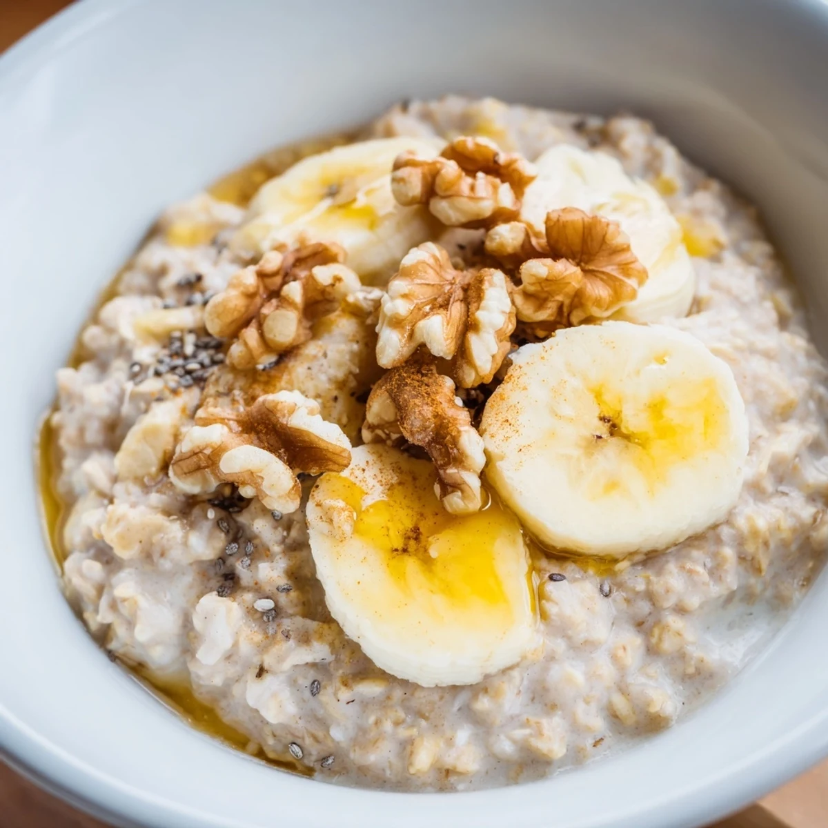 Steaming bowl of Microwave Banana Oats with sliced banana, ready for a delicious breakfast.