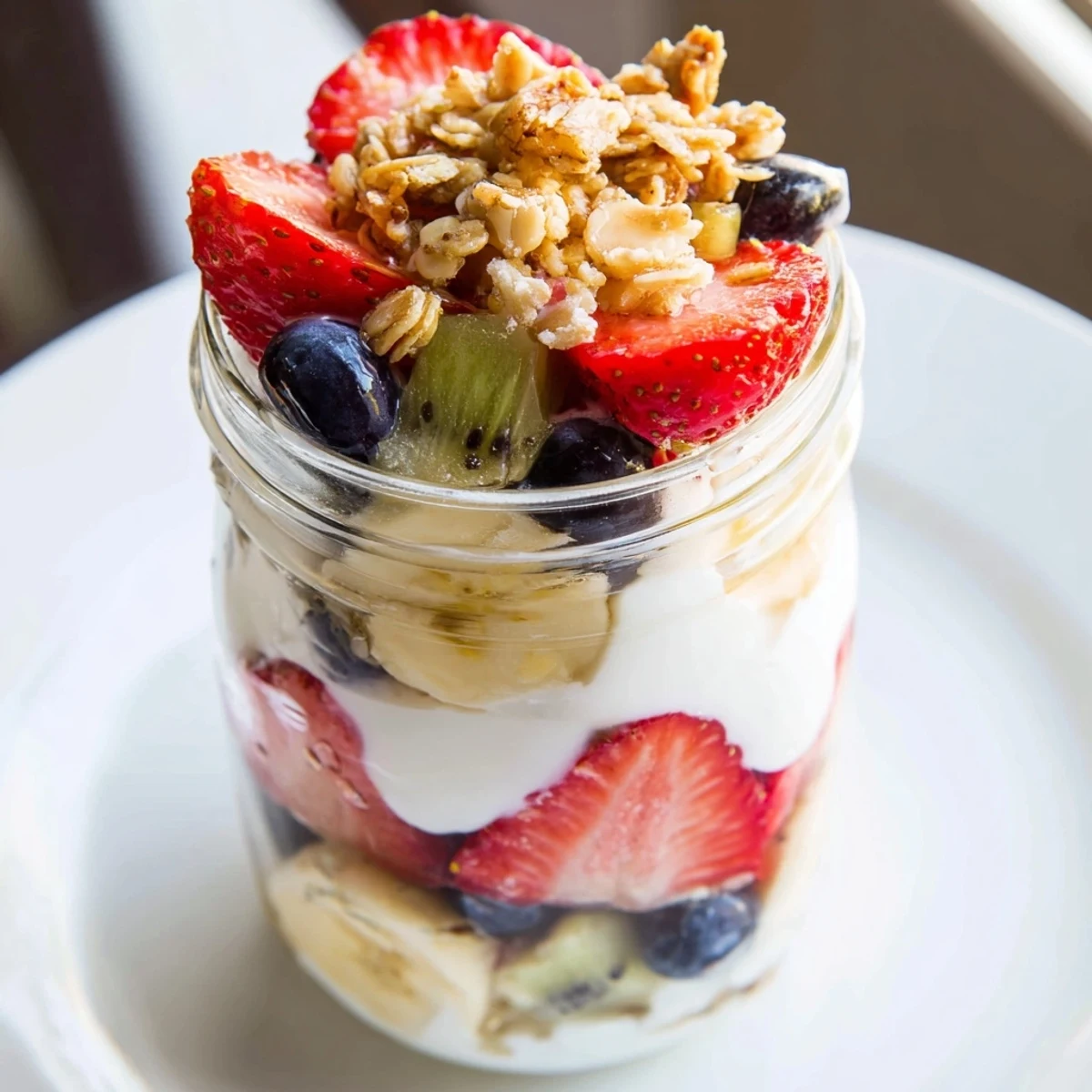 Layered Yogurt Fruit Parfait with vibrant fresh berries and a drizzle of honey, delicious breakfast.