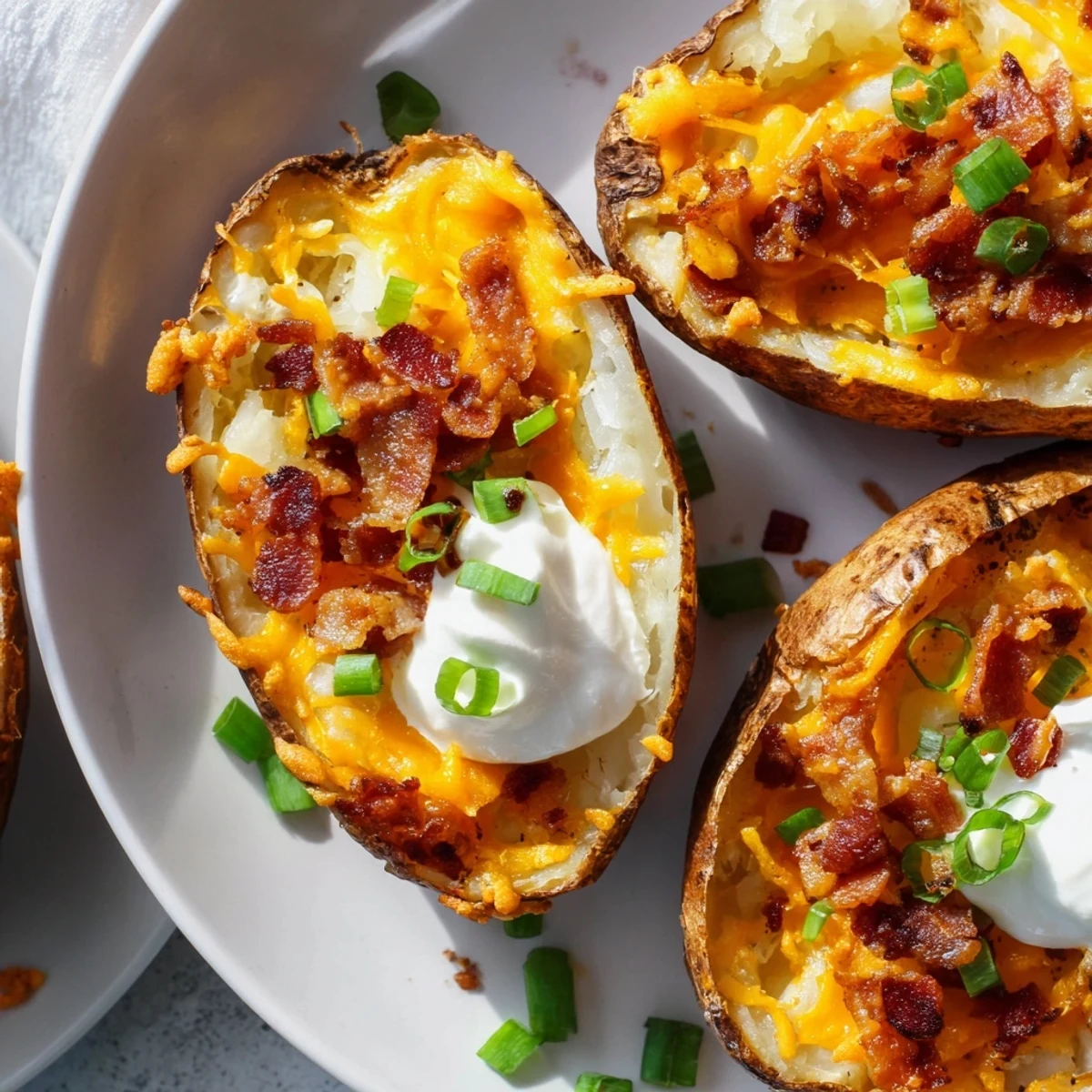 Golden brown loaded baked potato skins topped with melted cheese, crispy bacon, and fresh chives.