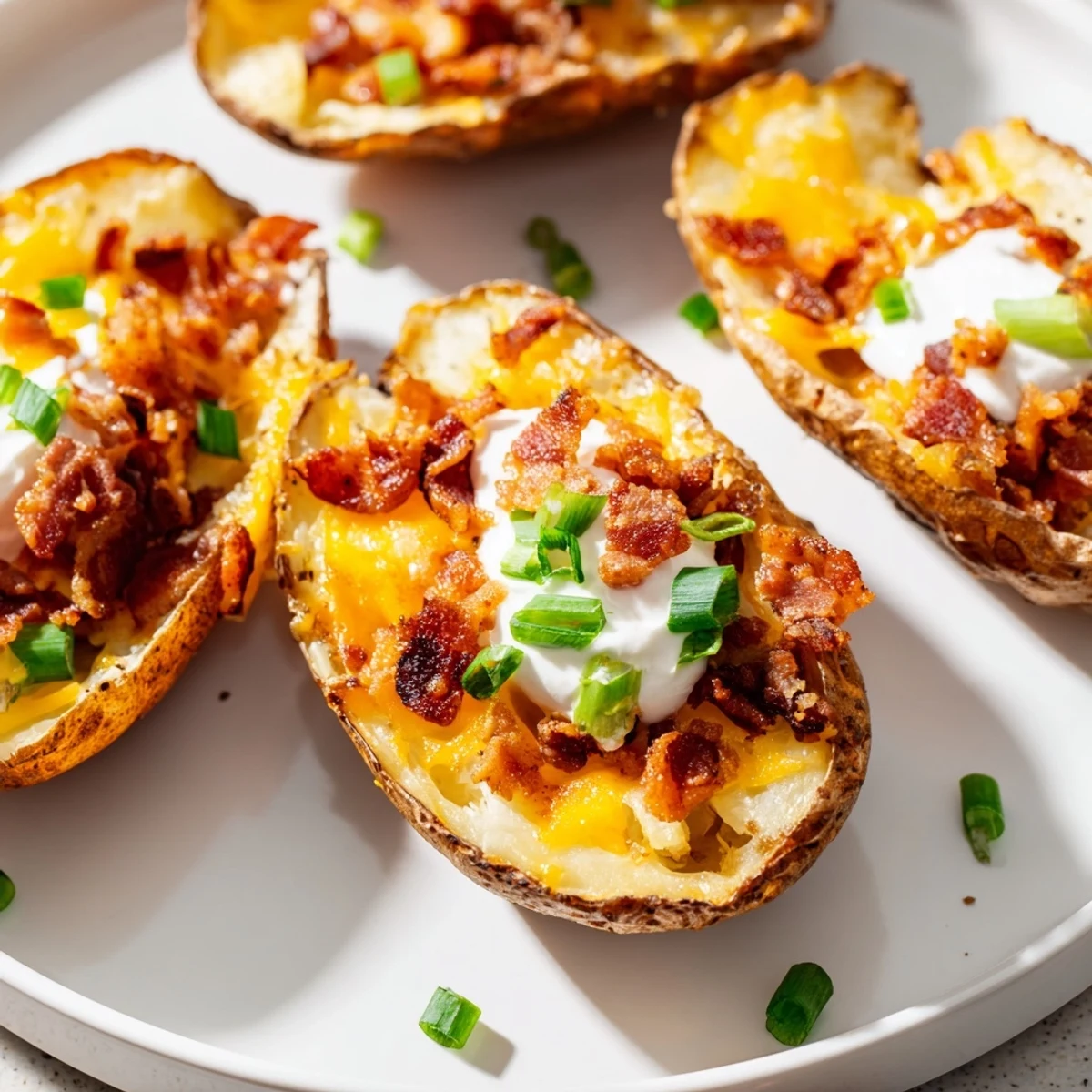 A close-up of delicious loaded baked potato skins, perfect appetizer with creamy sour cream.