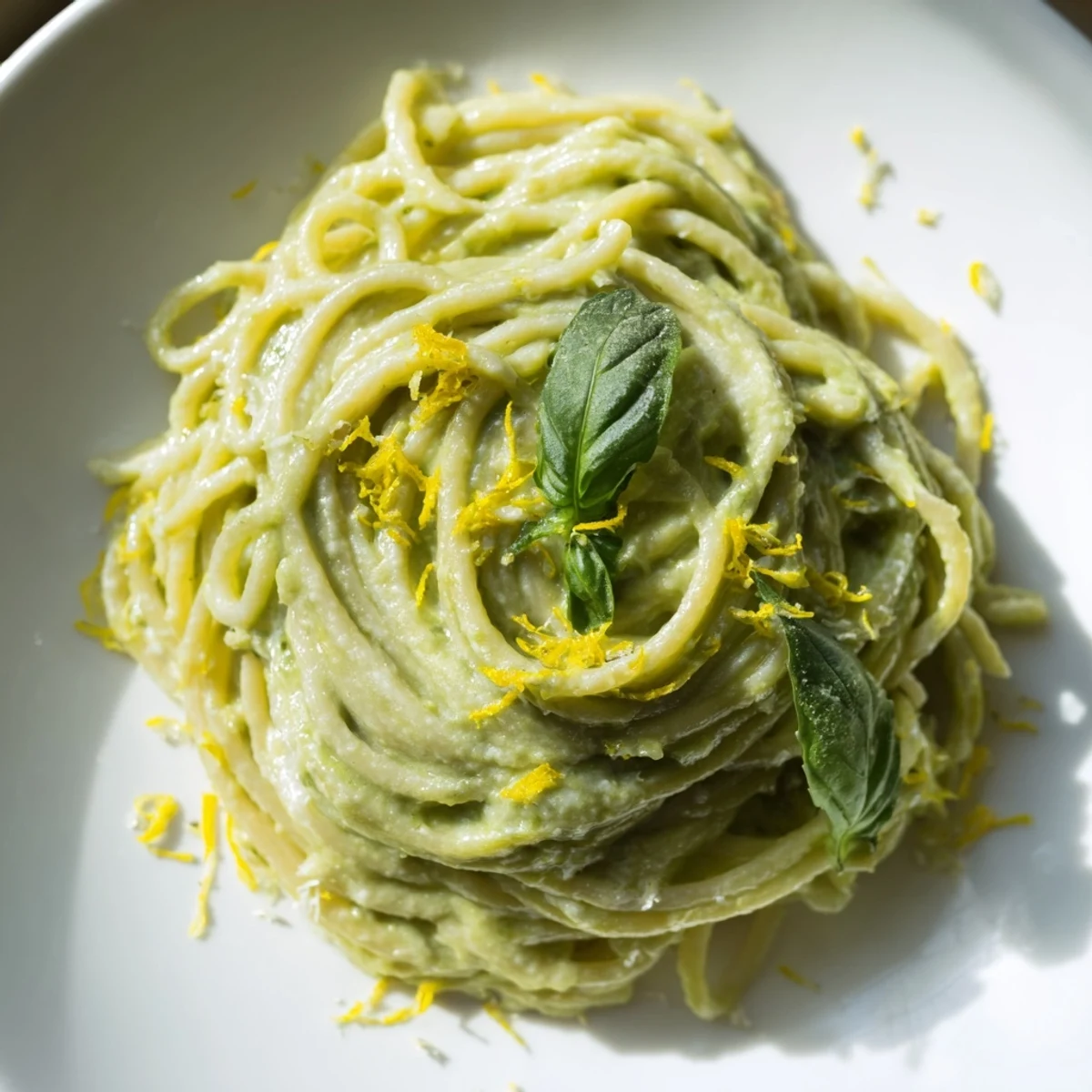 Fresh basil garnishes a bowl of creamy avocado pasta, a satisfying vegetarian dinner.