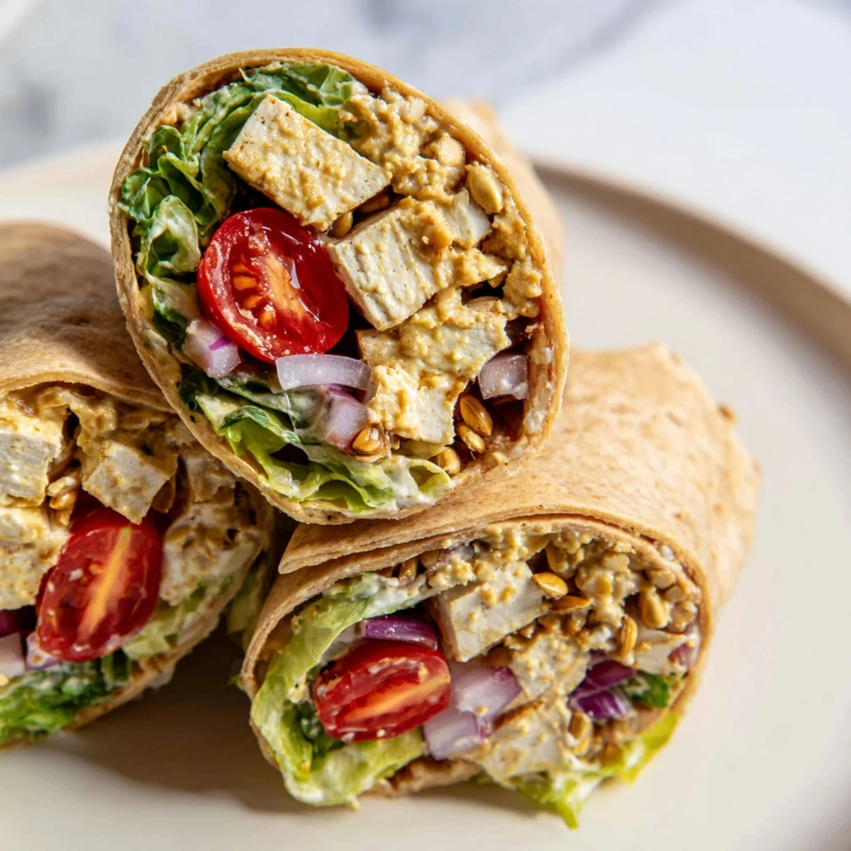 High-Protein Chicken-less Caesar Wrap, ready to eat, featuring fresh romaine and creamy dressing.