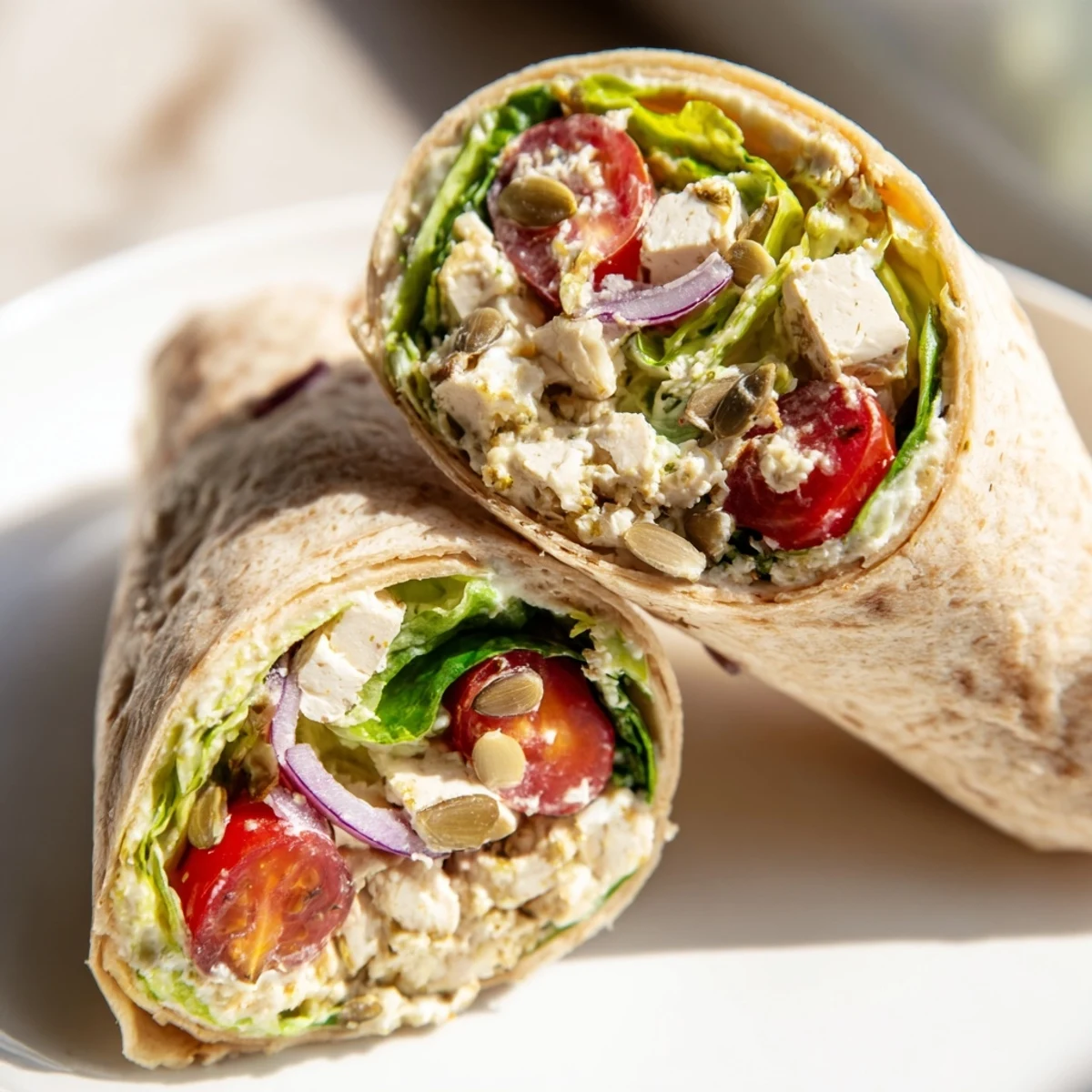 Golden toasted High-Protein Chicken-less Caesar Wrap, stuffed with vibrant vegetables, providing a healthy meal.