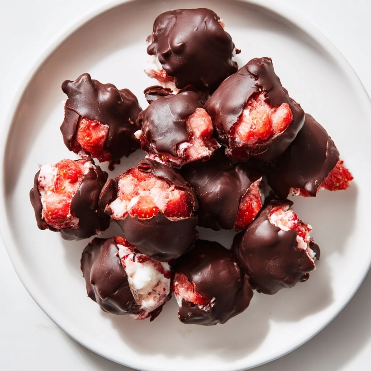 A close-up reveals luscious Strawberry Yogurt Clusters, an easy dessert recipe with fresh strawberries and Greek yogurt.