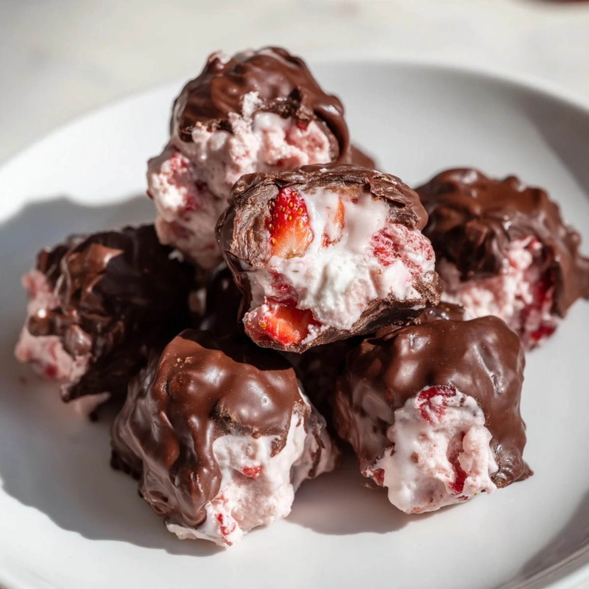 Sweet chocolate coating glistens around frozen, vibrant Strawberry Yogurt Clusters, ready to satisfy any sweet tooth.