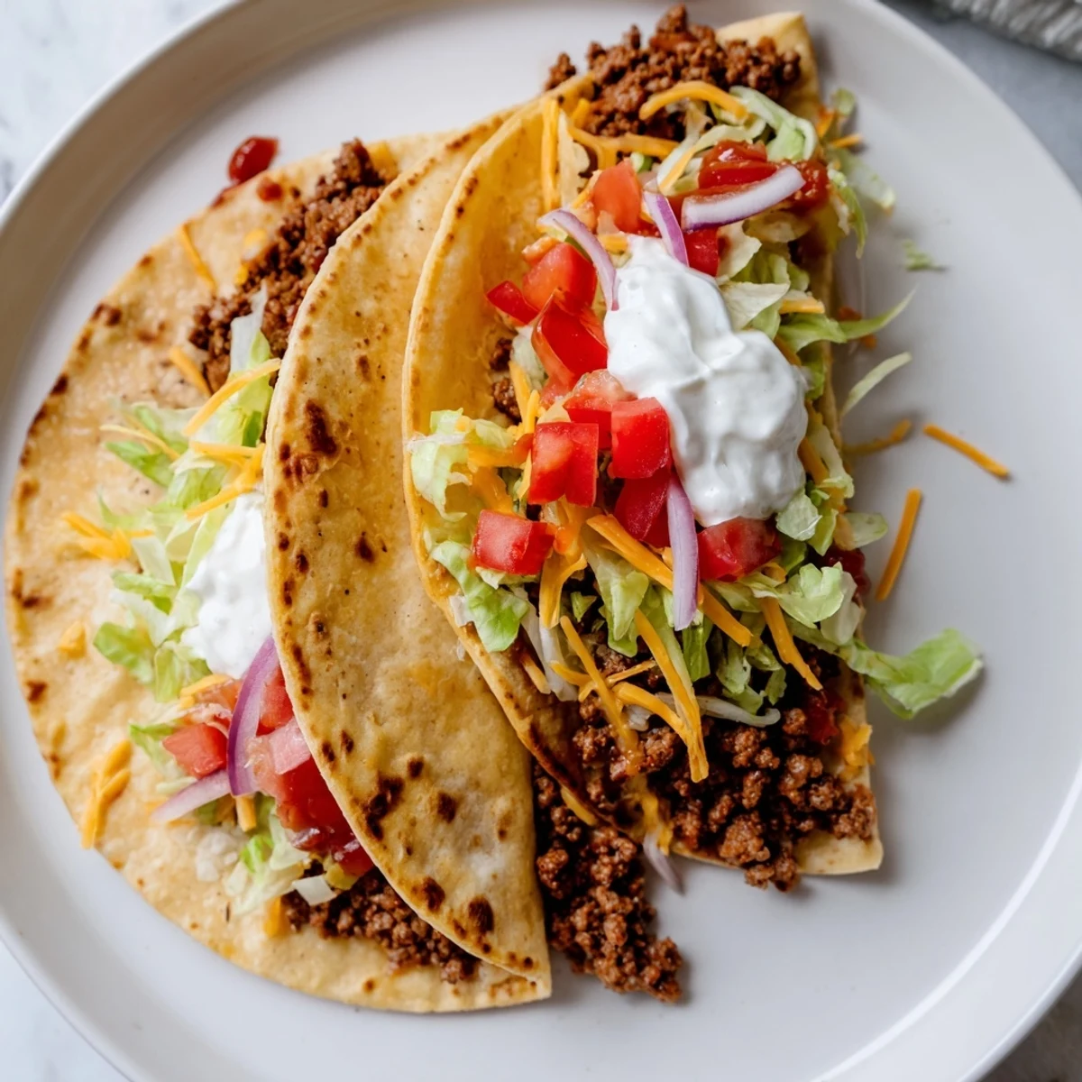Golden-brown crispy smash tacos, packed with seasoned beef, cheese, and fresh, colorful toppings.