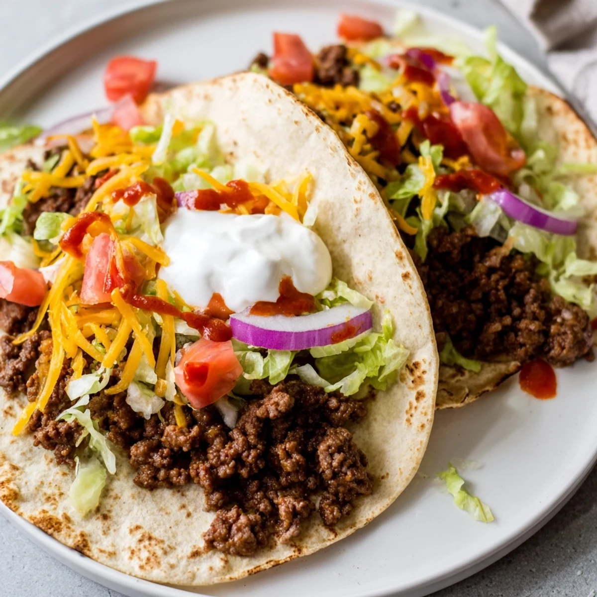 Close-up of a loaded platter of crispy smash tacos; juicy beef, crisp tortillas, and fresh garnishes beckon.