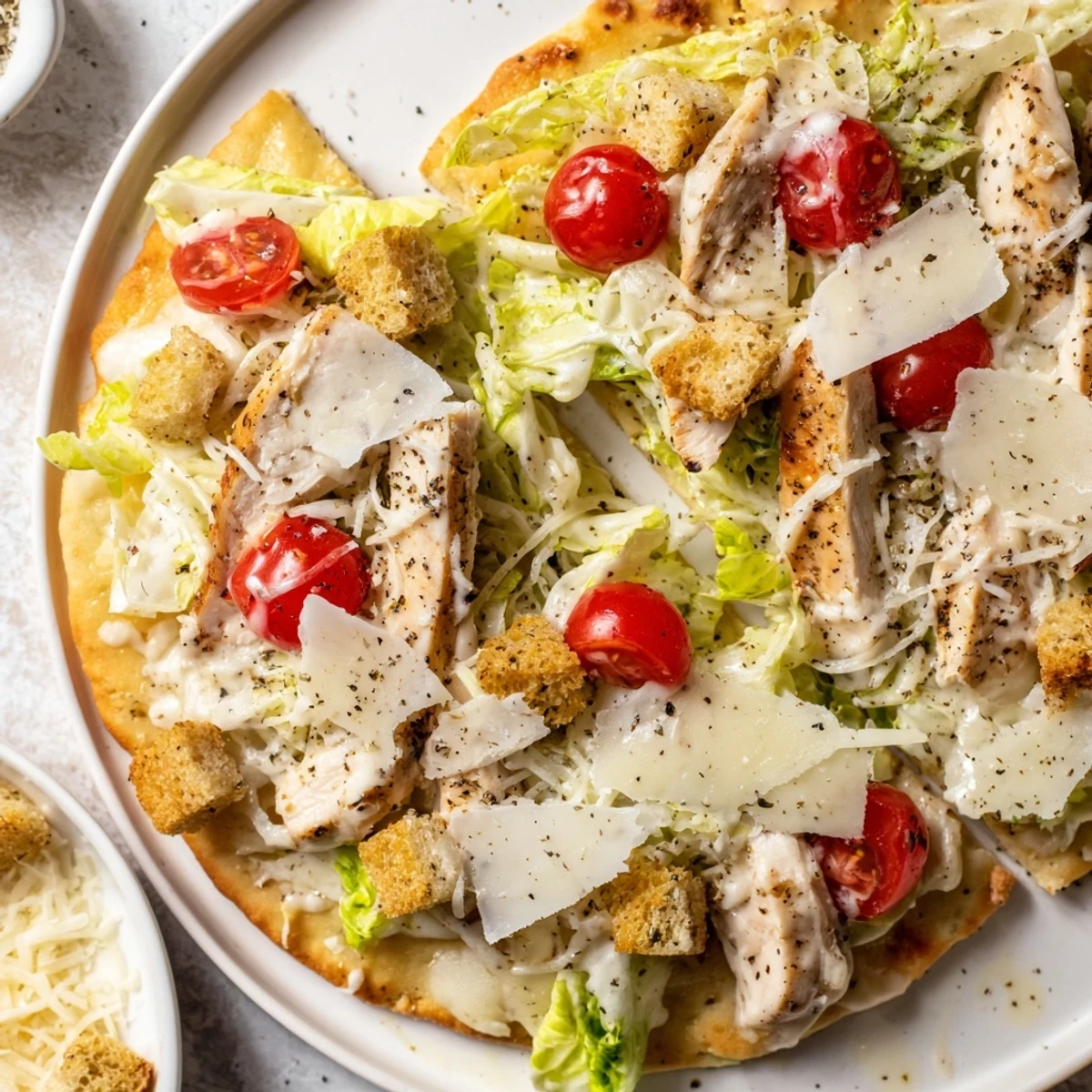 Close-up of a crispy, cheesy Chicken Caesar Flatbread, ready to eat with Caesar dressing drizzle.