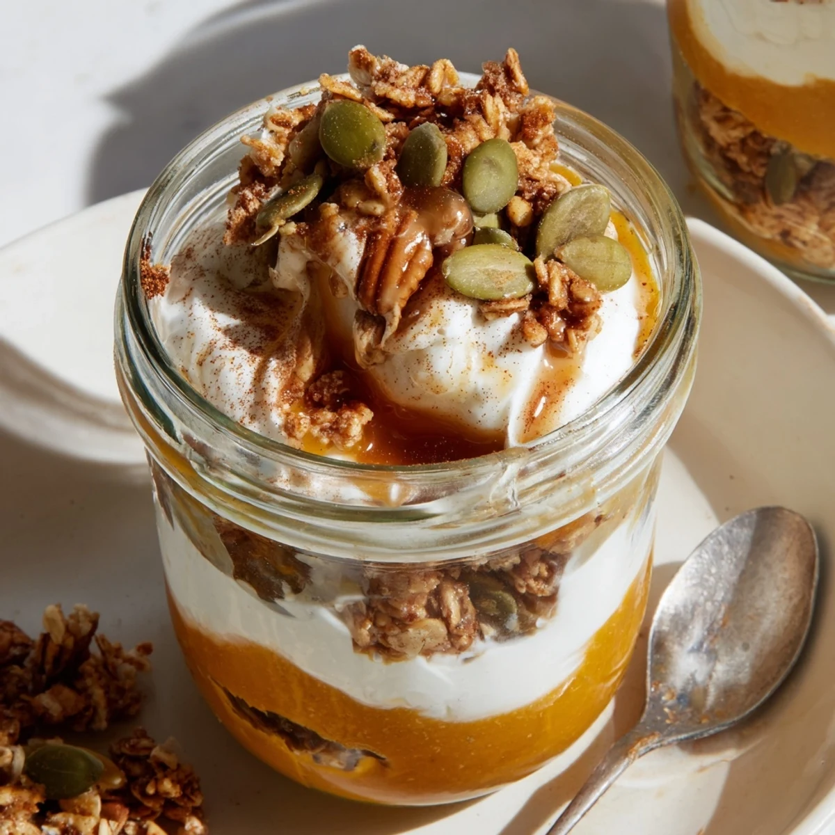 Layered Pumpkin Yogurt Parfait with spiced pumpkin, yogurt, and crunchy granola for a healthy snack.