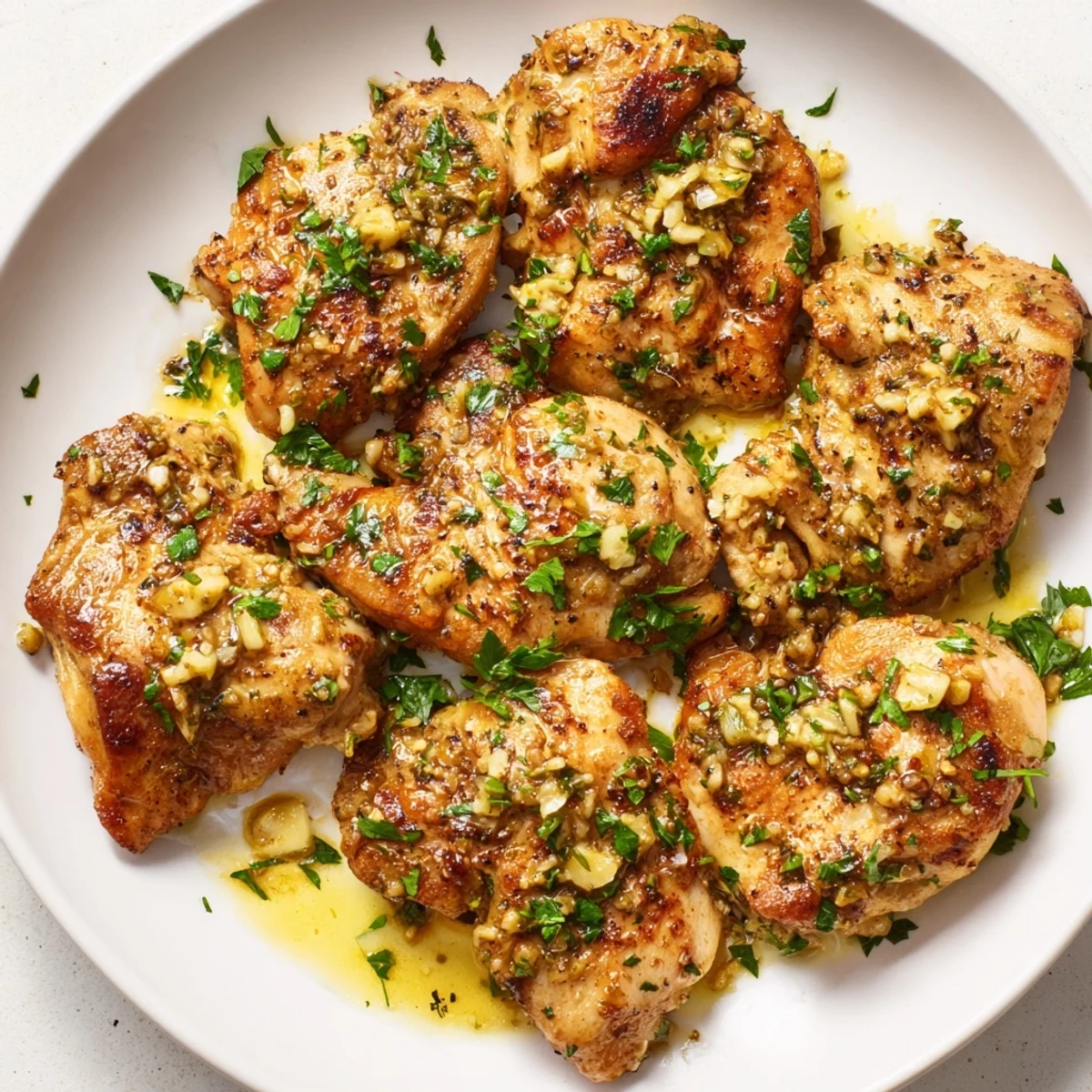 Golden-brown Garlic Butter Chicken Bites glistening in a pan, ready for a flavorful bite.