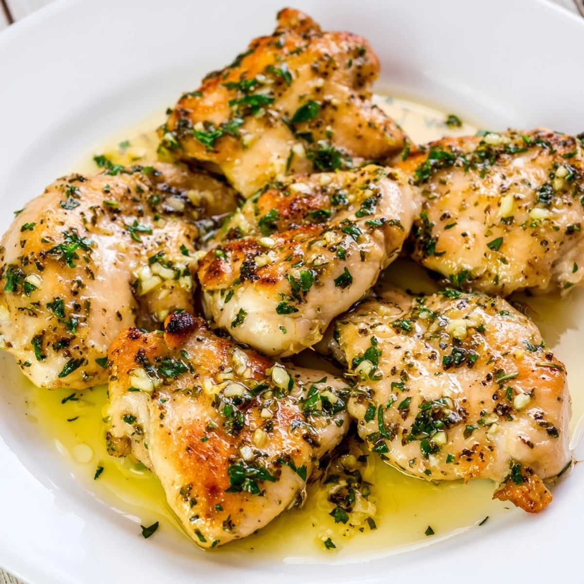 Close-up of succulent Garlic Butter Chicken Bites, swimming in a rich, buttery, garlicky sauce.
