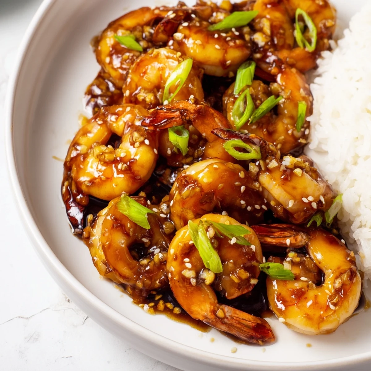 Golden, glazed honey garlic shrimp glistening on a bed of fluffy white rice, ready to eat.