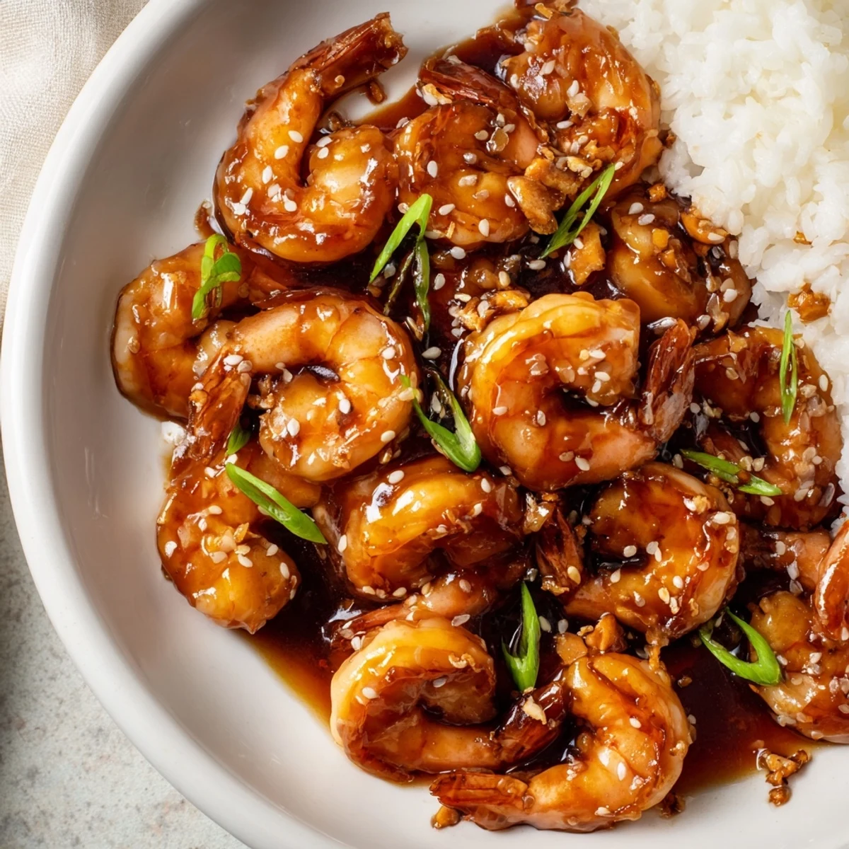 Close-up of skillet featuring sizzling honey garlic shrimp, aromatic and ready for serving tonight.