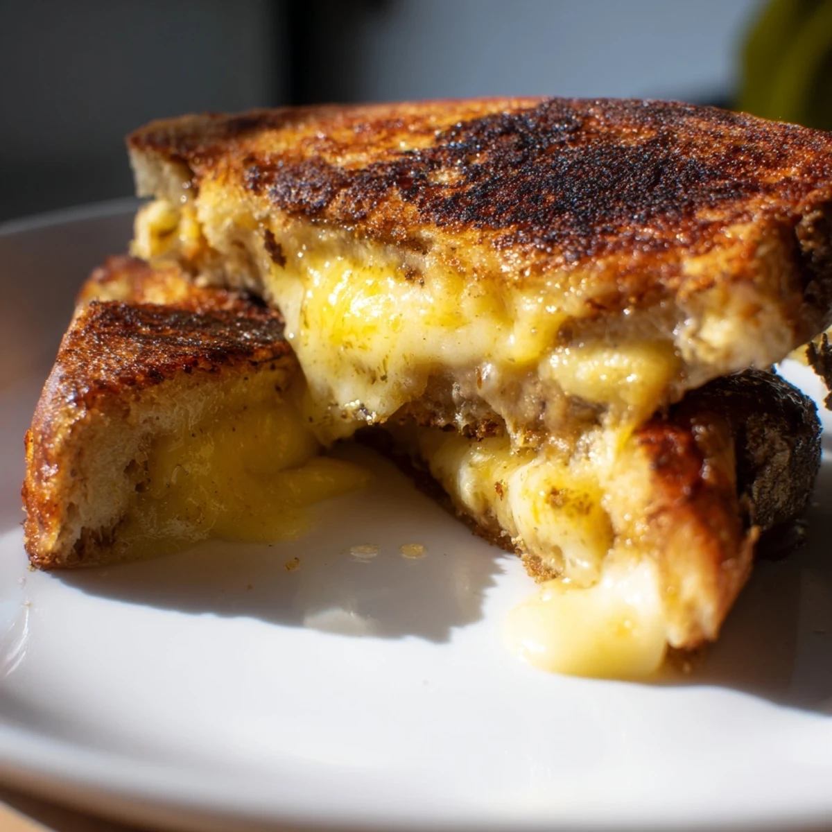 Perfectly cooked Custard French Toast Grilled Cheese sandwich, a satisfying melty, cheesy dish.