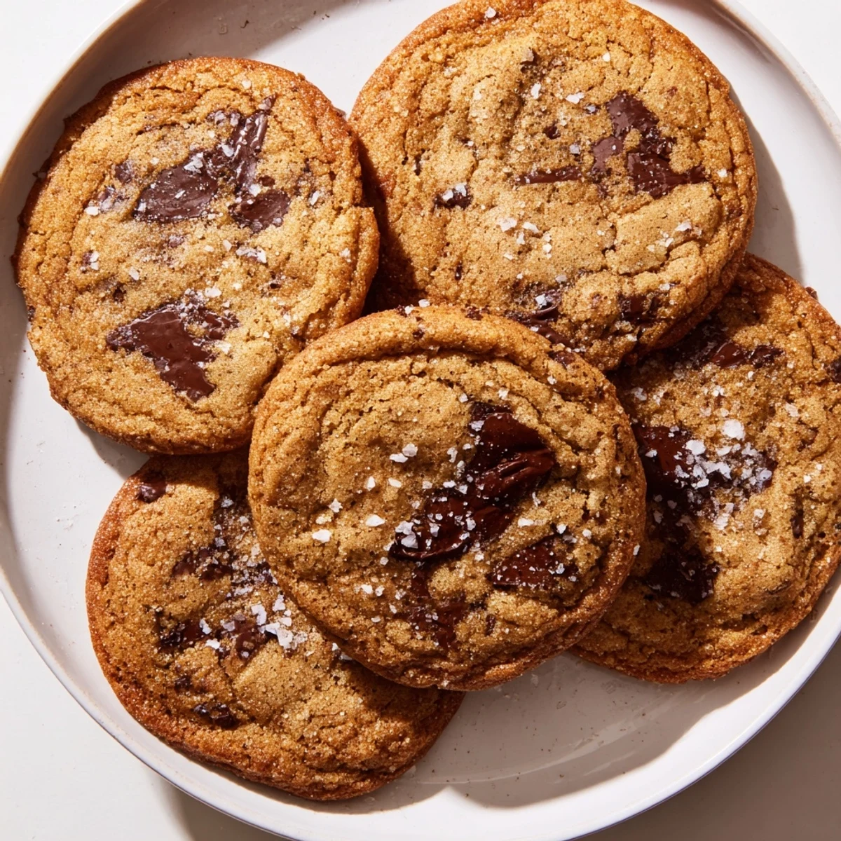Golden brown Miso Brown Butter Cookies, sprinkled with flaky salt, resting on parchment paper.