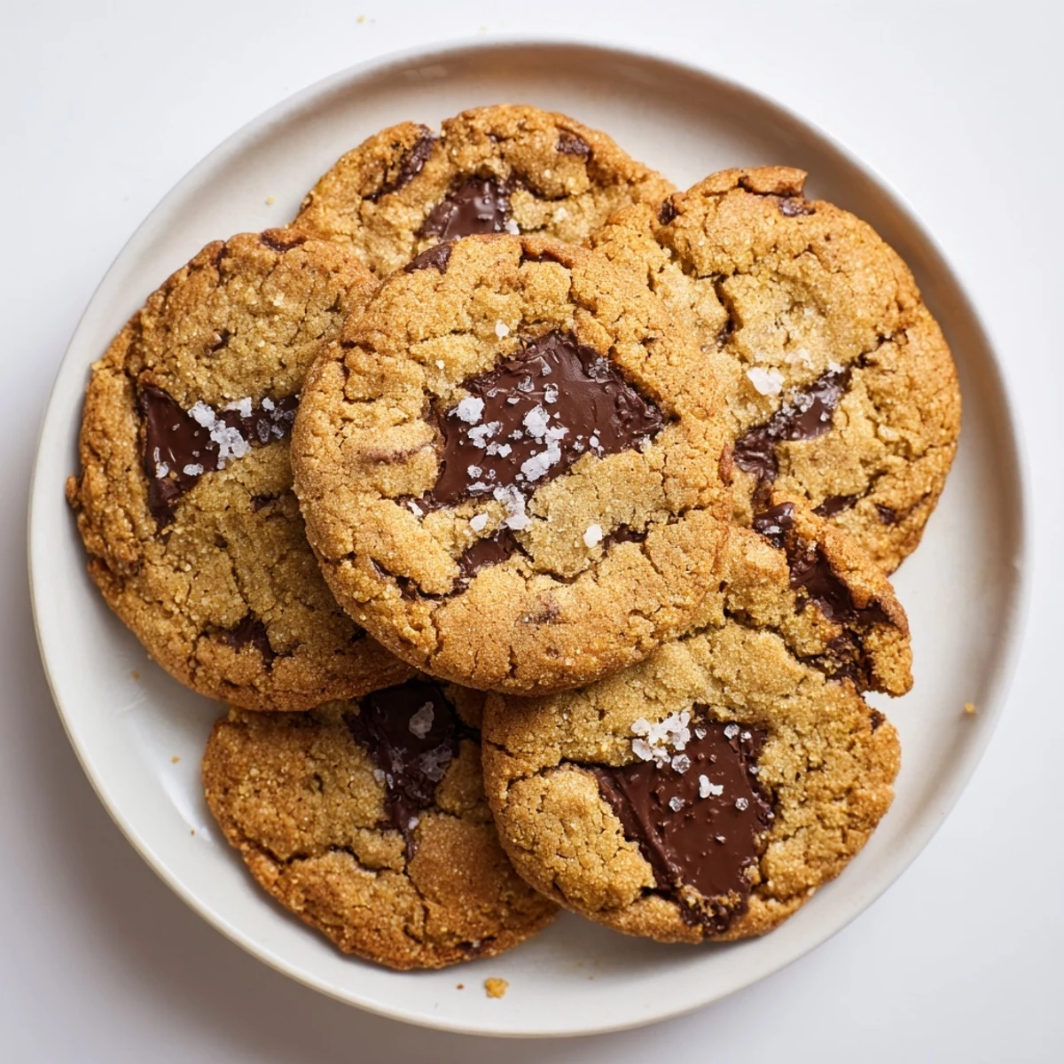 A close-up of chewy Miso Brown Butter Cookies, studded with dark chocolate chips, ready to eat.