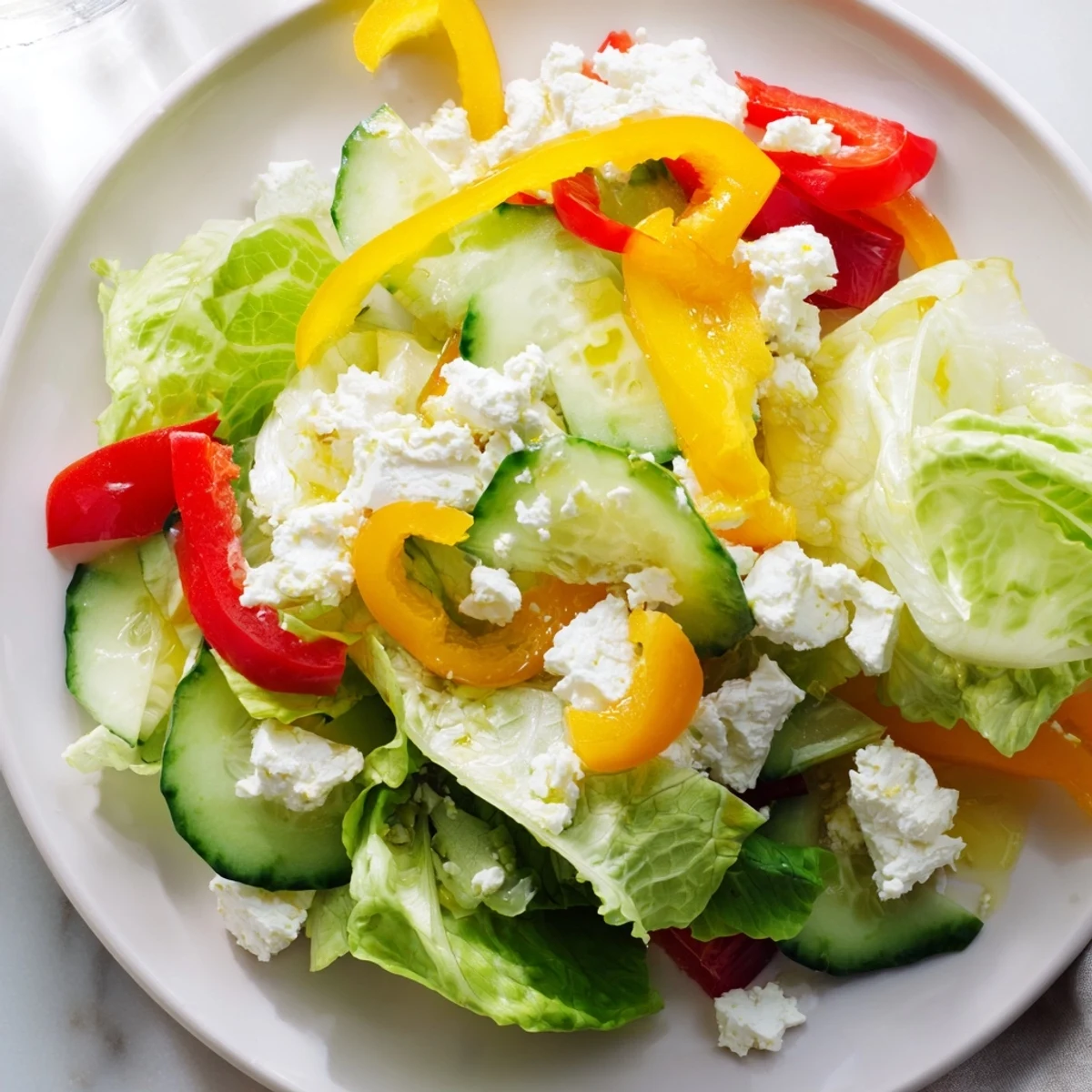 A colorful Bella Hadid Salad brimming with fresh veggies and creamy feta, drizzled with zesty dressing.