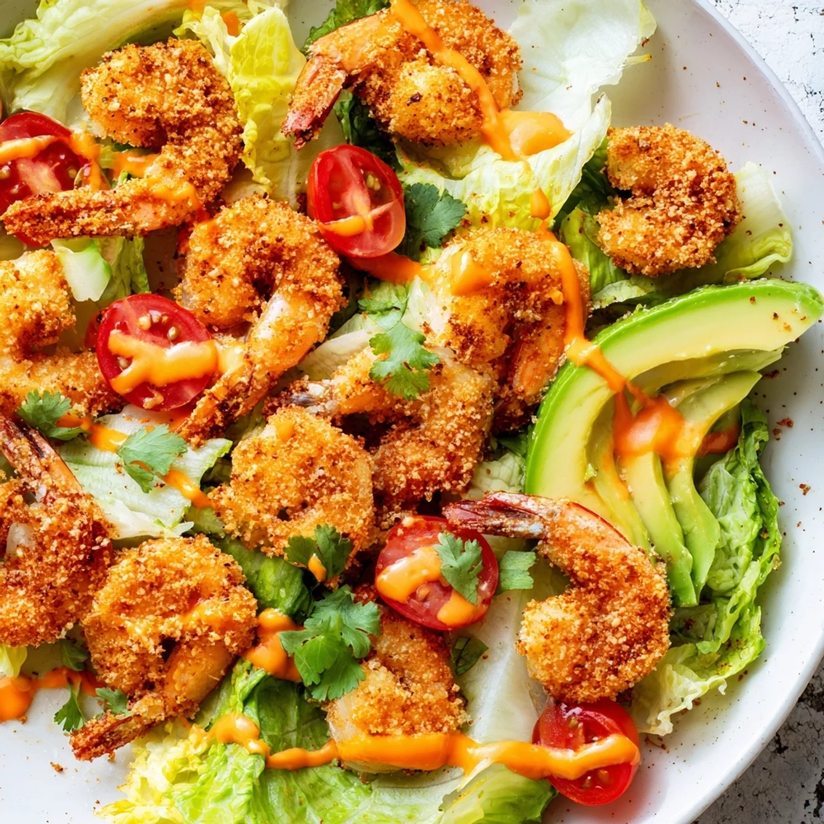 Golden crispy shrimp salad, arranged on fresh greens, promises delicious crunch and a spicy kick.