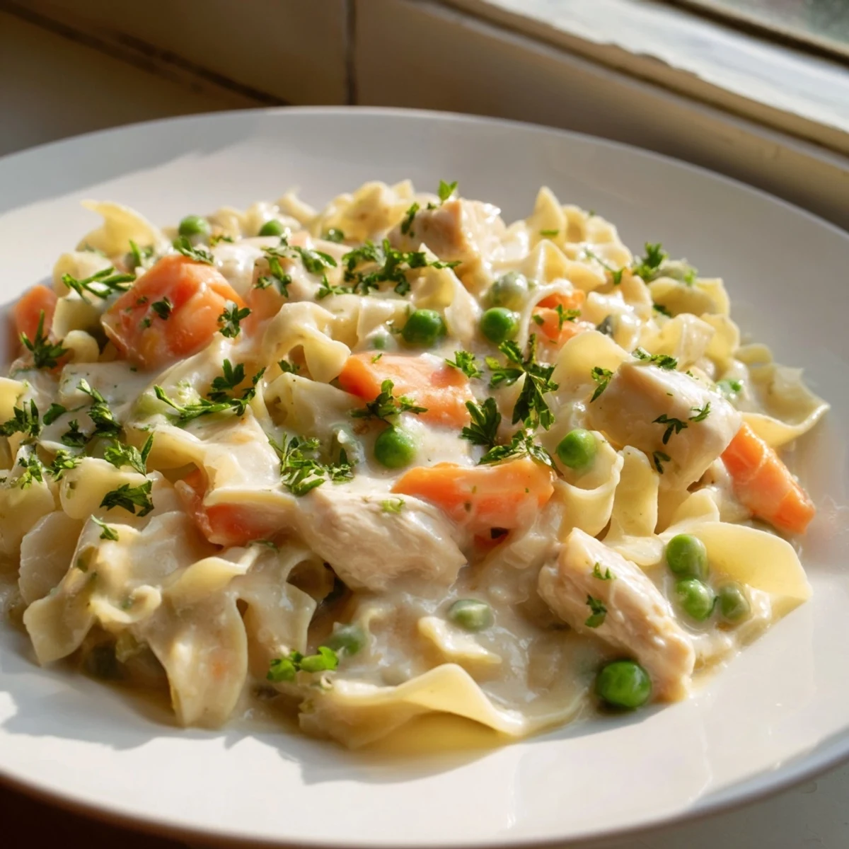 Steaming bowl of creamy chicken and egg noodles, perfect for a cozy, comforting dinner.