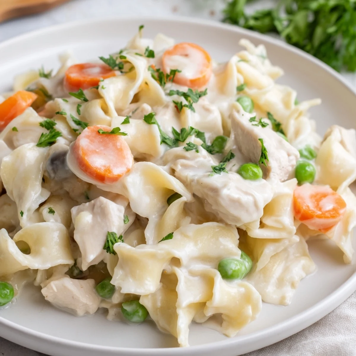 A close-up shot of rich and creamy chicken and egg noodles, garnished with fresh parsley.