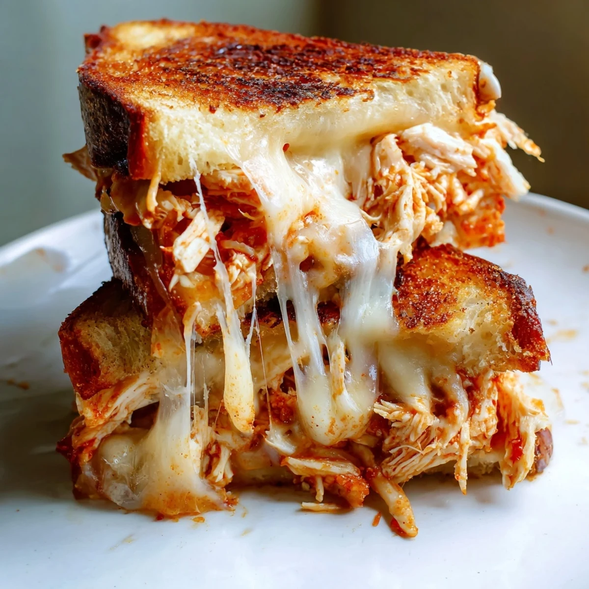 Golden-brown Chili Crisp Honey Chicken Grilled Cheese, dripping melty cheese, ready to enjoy.