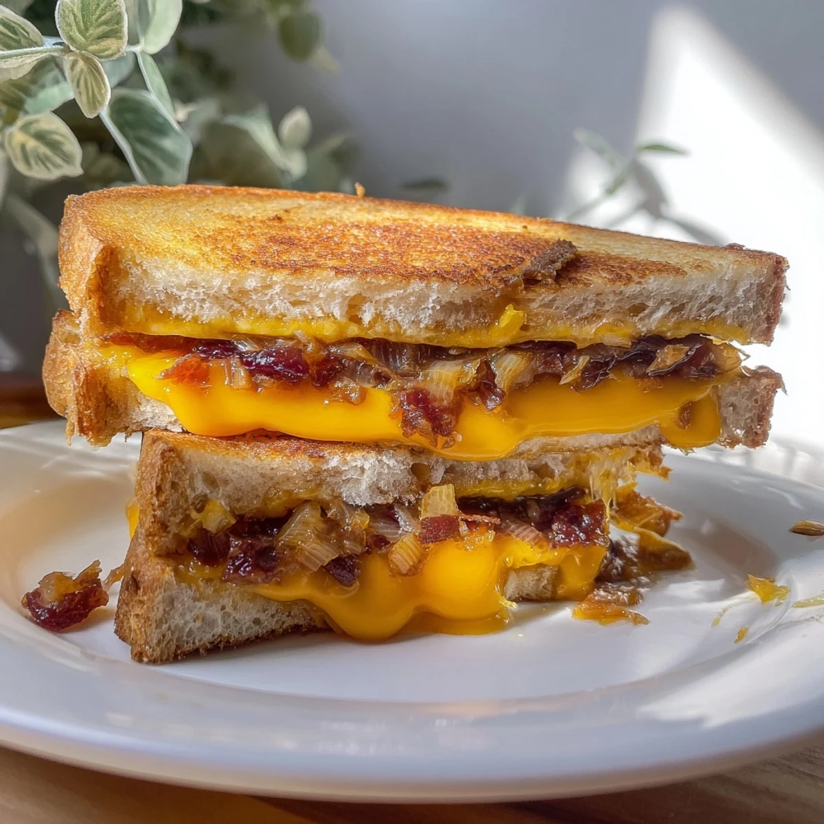 Golden-brown Bacon Jam Grilled Cheese oozing melted cheese, a flavorful and hearty sandwich.