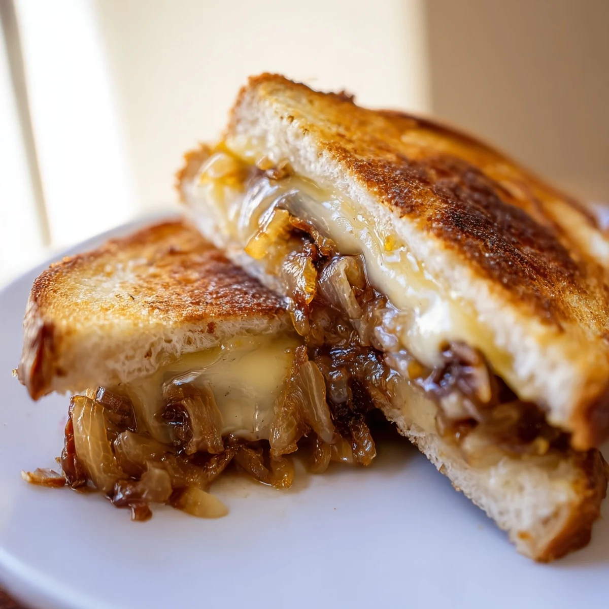 A close-up of a Bacon Jam Grilled Cheese, showcasing layers of gooey cheese and crispy bread.