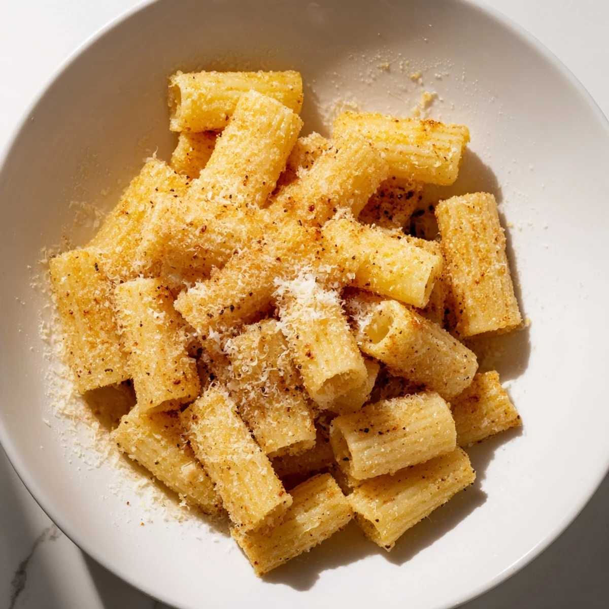 Air-fried pasta chips, tossed with Parmesan and seasonings, offering a savory, delightful crisp.