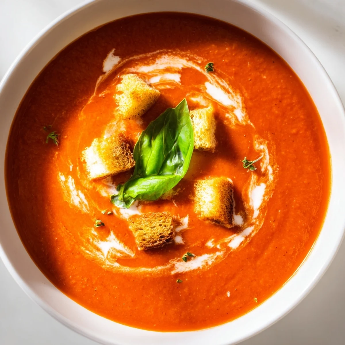 Bowl of Creamy Roasted Garlic Tomato Soup, garnished with fresh basil leaves.
