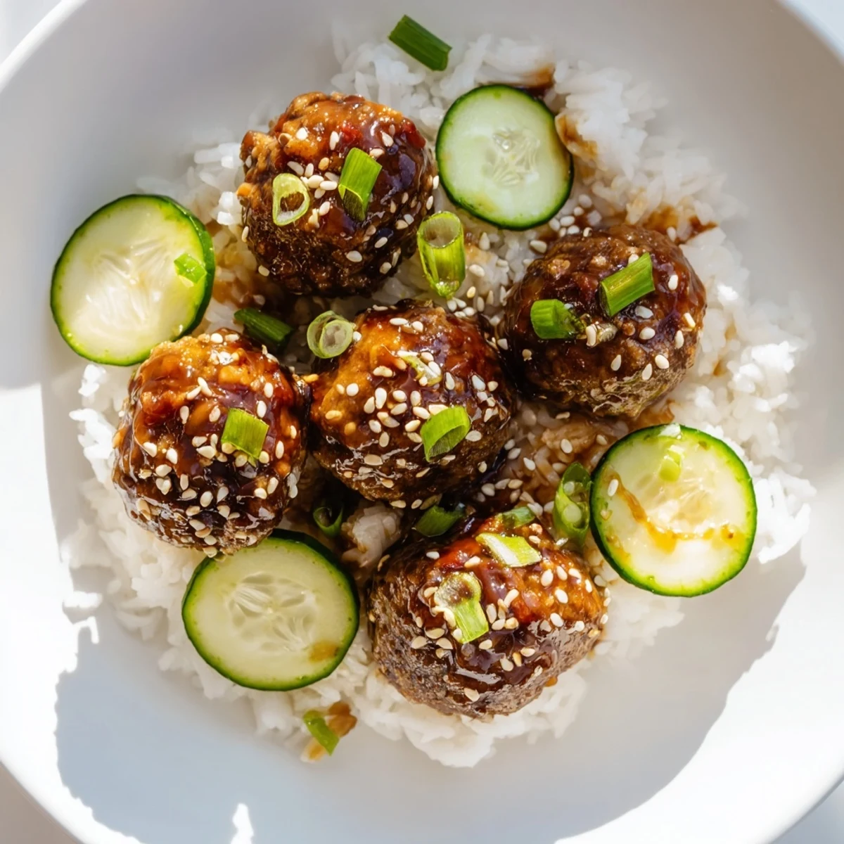 Tender teriyaki meatball bowls, picture perfect with gleaming teriyaki sauce-coated meatballs over fluffy rice.