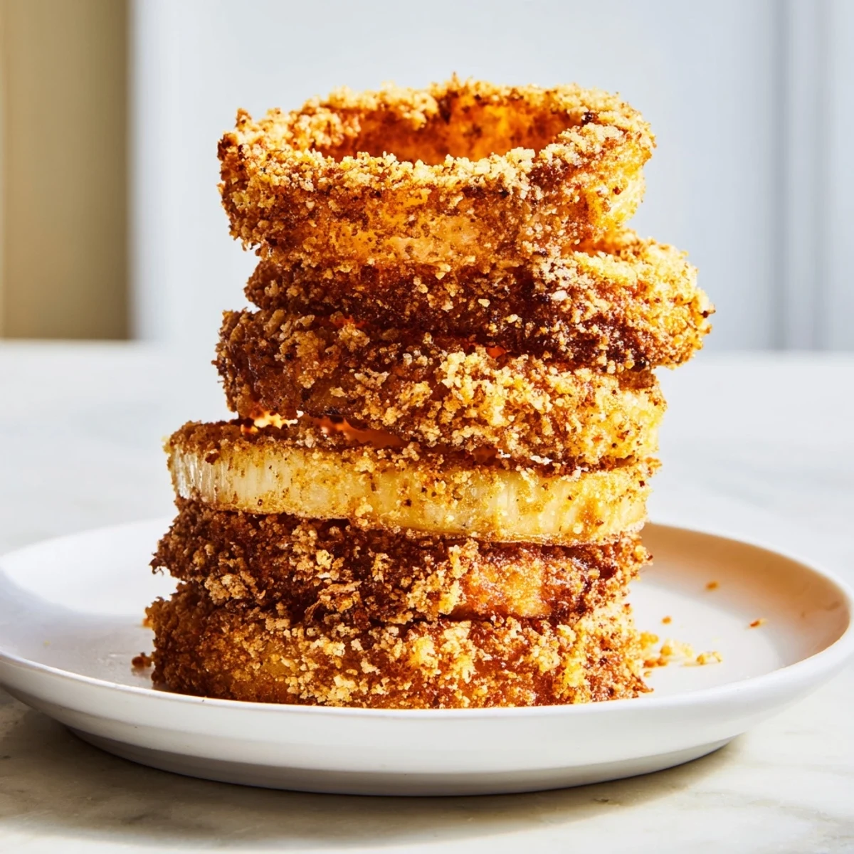 Golden, crunchy Crispy Onion Ring Tower, piled high and ready for dipping, a perfect appetizer.